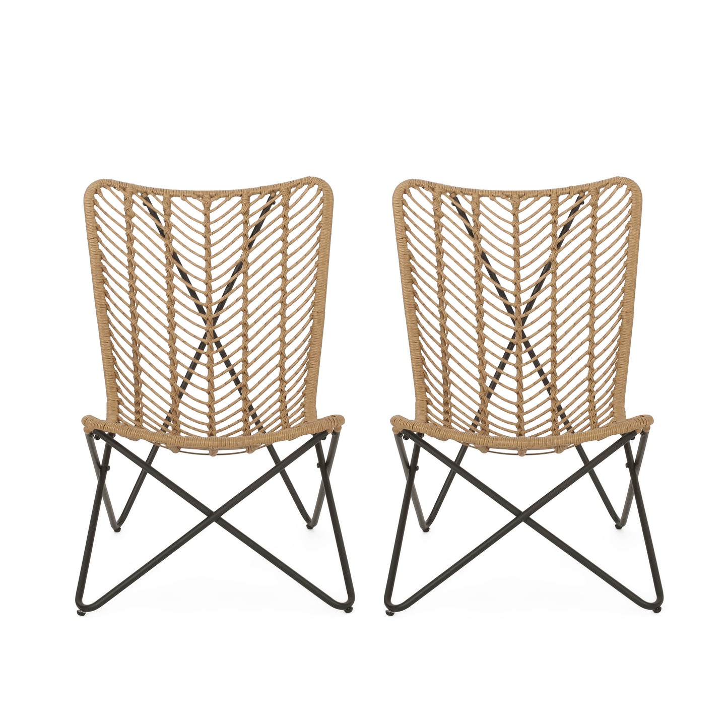Wicker Chair with Geometric Cross Base, Set of 2, Light Brown