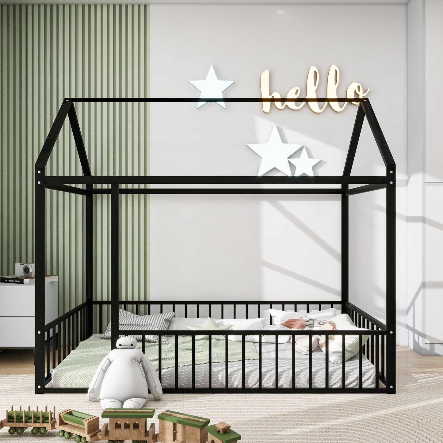 Metal Bed House Bed Frame with Fence, for Kids, Teens, Girls, Boys