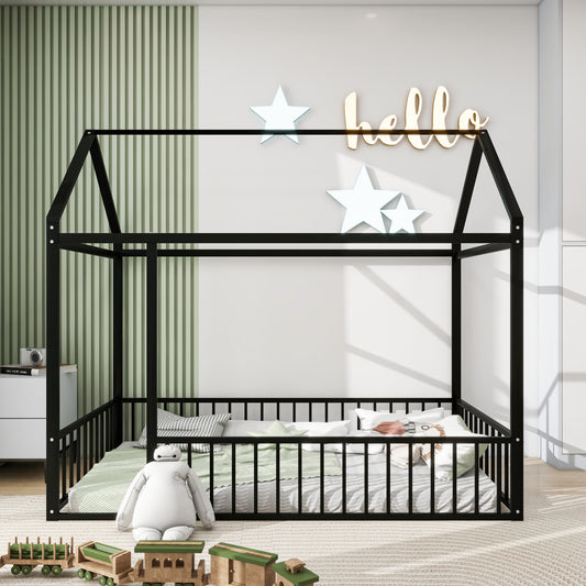 House Bed Twin Black, White, and Pink Metal with Fence and Roof for Bedroom and Guest Room