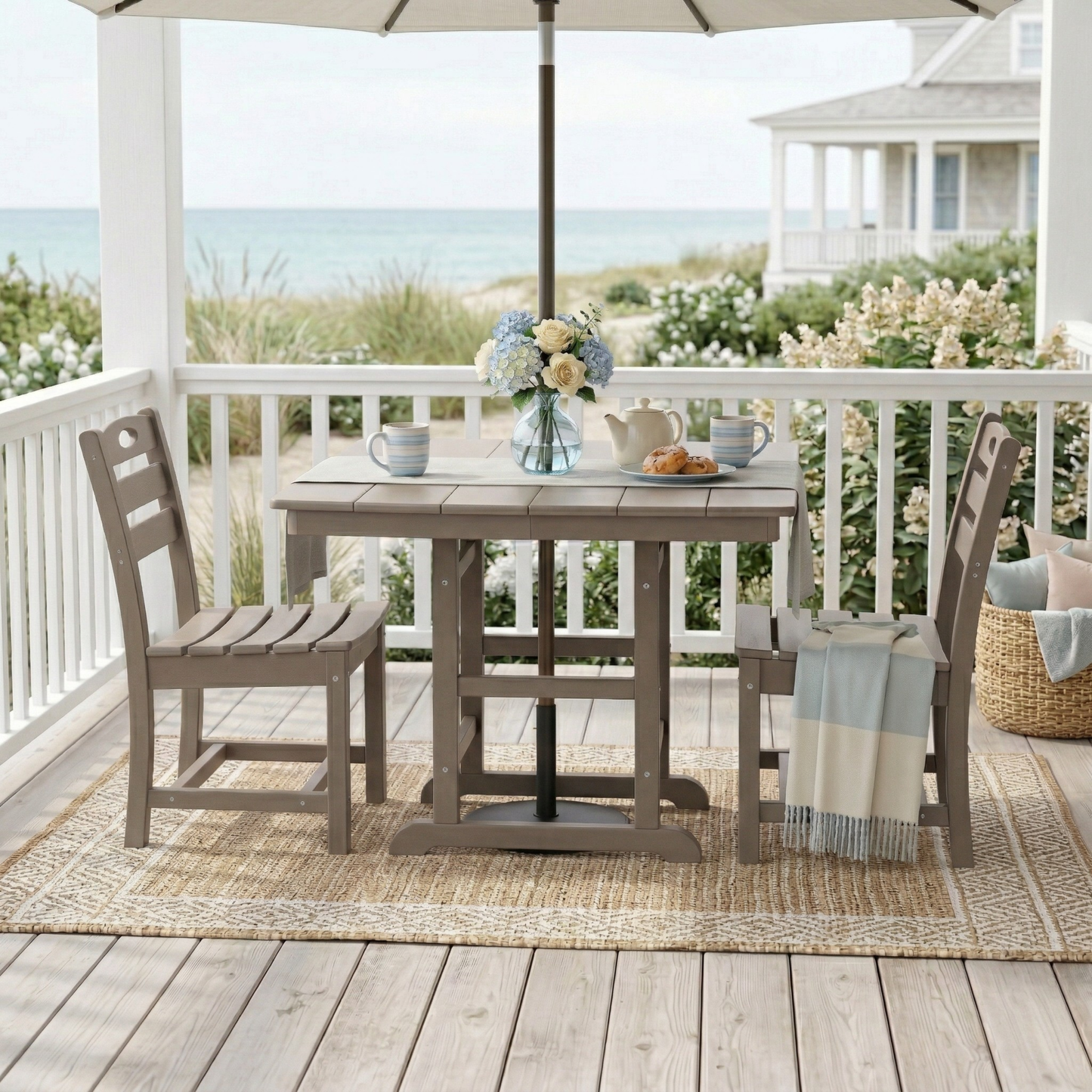 HDPE 3-Piece Outdoor Patio Dining Set, 37.8 in. Square Table with Umbrella Hole and 2 Armless Chairs, All-Weather Bistro