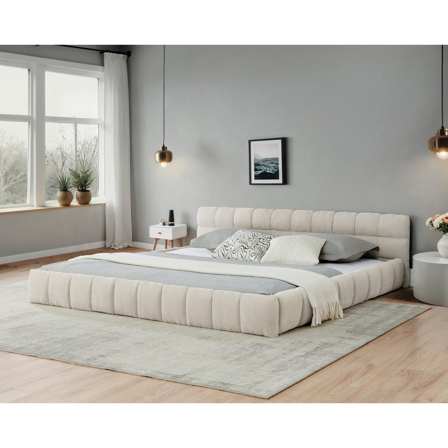 Upholstered Bed Frame with Thick Chenille Fabric, Grounded Platform Bed with Headboard and