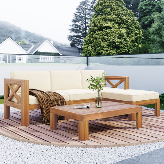 5-Piece Outdoor Sectional Sofa Set Solid Acacia Wood Beige with Cushioned Seating for Patio, Garden, or Backyard