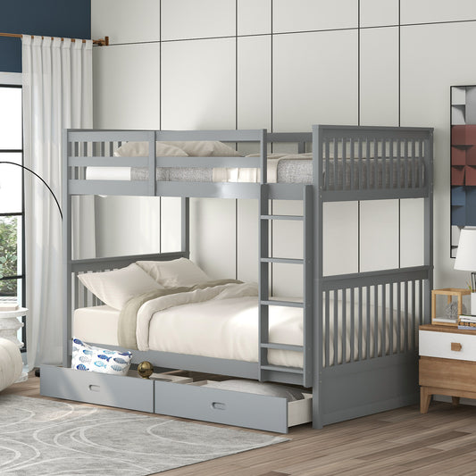 Bunk Bed, Twin Over Twin, Solid Wood with Two Storage Drawers and Ladder for Shared Bedroom or Guest Room