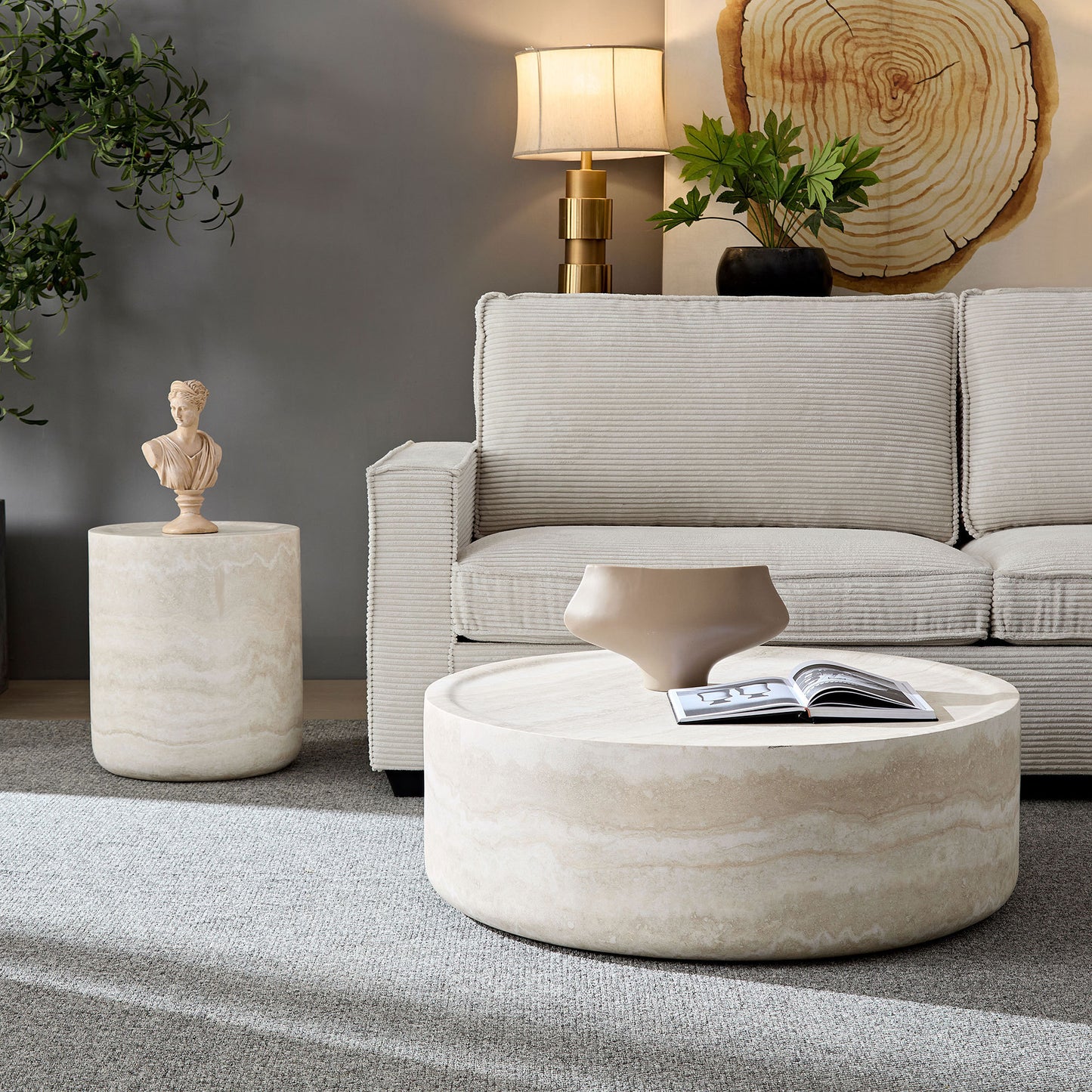 Set of 2 Faux MARS Pattern Coffee Tables side Table Round Tea Faux Travertine Textured  table for Living Room, No Need Assembly.