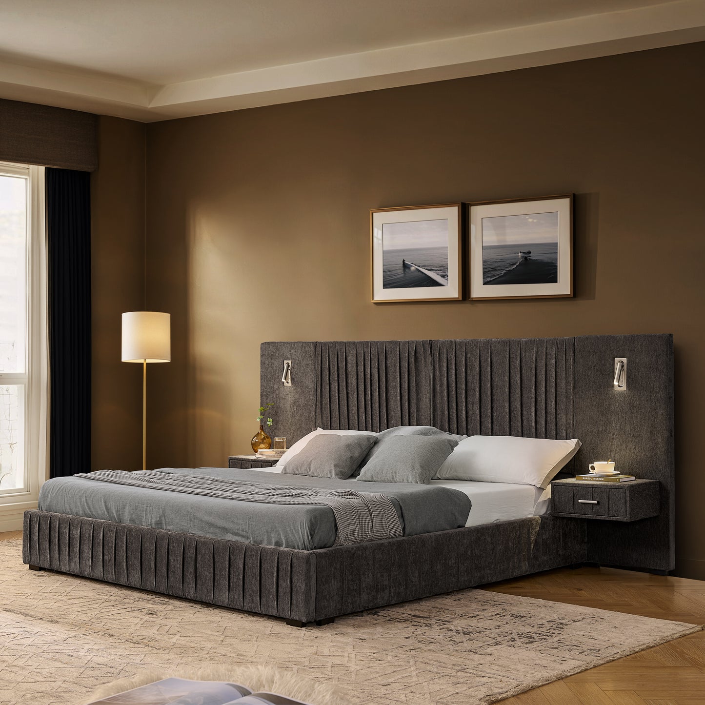 Upholstered Bed Frame with Chenille Fabric, Pleated Design, Grounded Platform Bed with Head