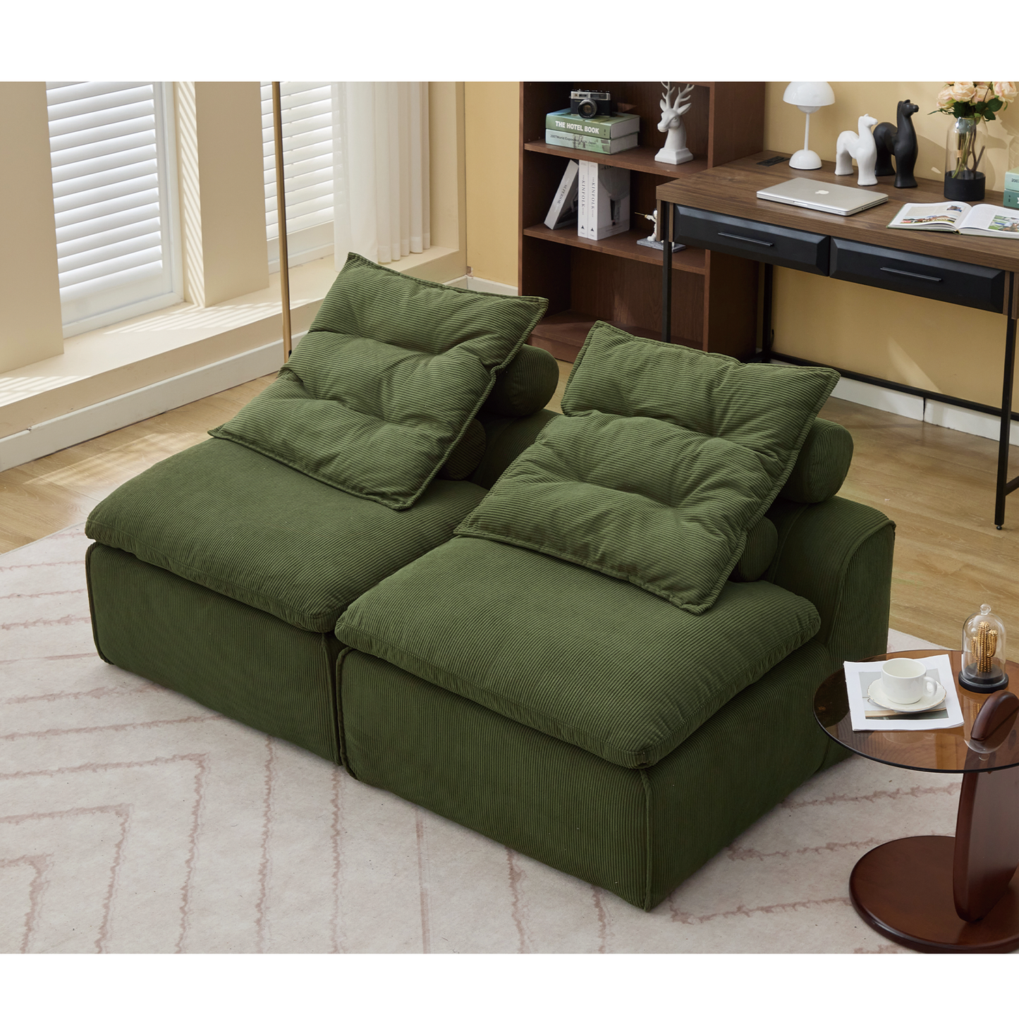 Modular Sofa,No Armrests,At will DIY,Soft Corduroy Fabric,Neck Pillow-Back Lounge Sofa Chair,Reading Nook, or Apartment Living, Lumbar Pillow,2 Seats,Upholstered,Green