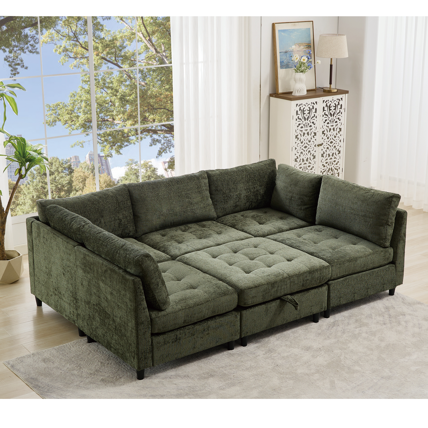 Modular Sectional Couch with Storage Ottoman, U Shaped Sofa, Storage Ottoman,Minimalist ,Convertible Modular Sofa,Chenille ,Upholstered,6 Seat,Living Room,   Green