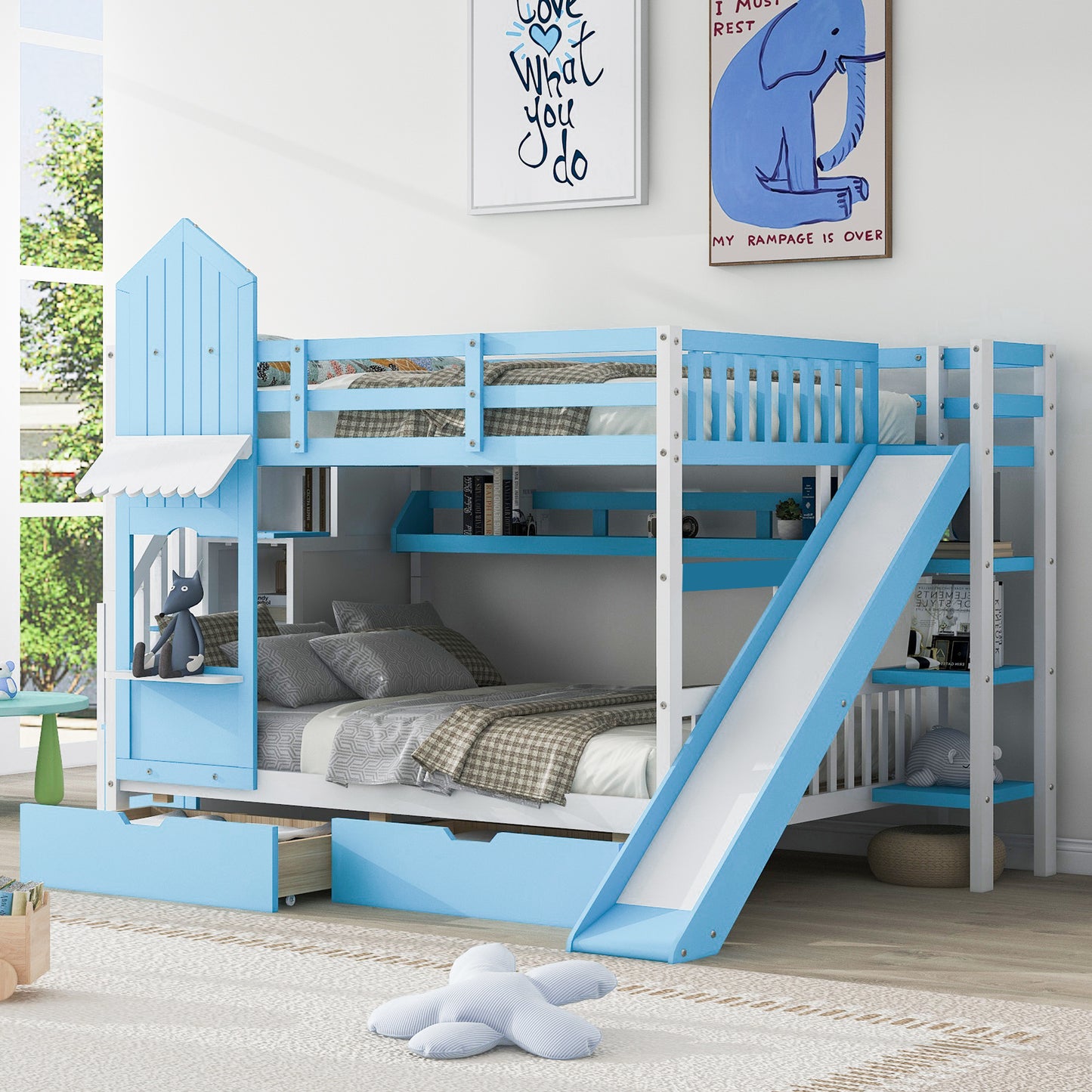 Full-Over-Full Castle Style Bunk Bed with 2 Drawers 3 Shelves