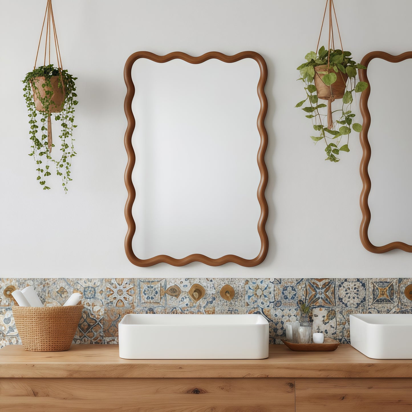 Wavy Solid Wood Wall Mirror – 20" x 30" Decorative Curved Frame Mirror for Bathroom, Bedroom & Entryway