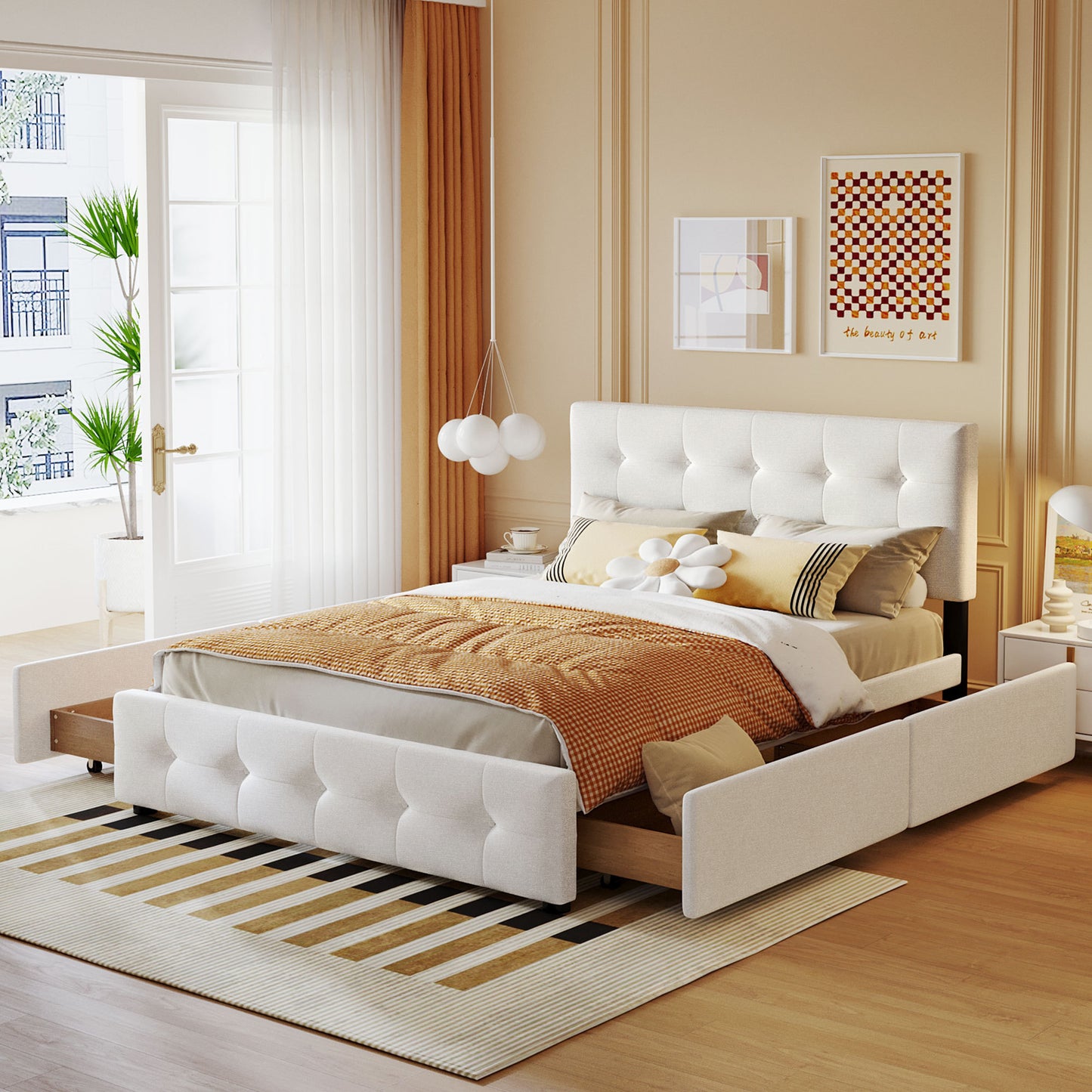 Upholstered Platform Bed with Classic Headboard and 4 Drawers, No Box Spring Needed,
