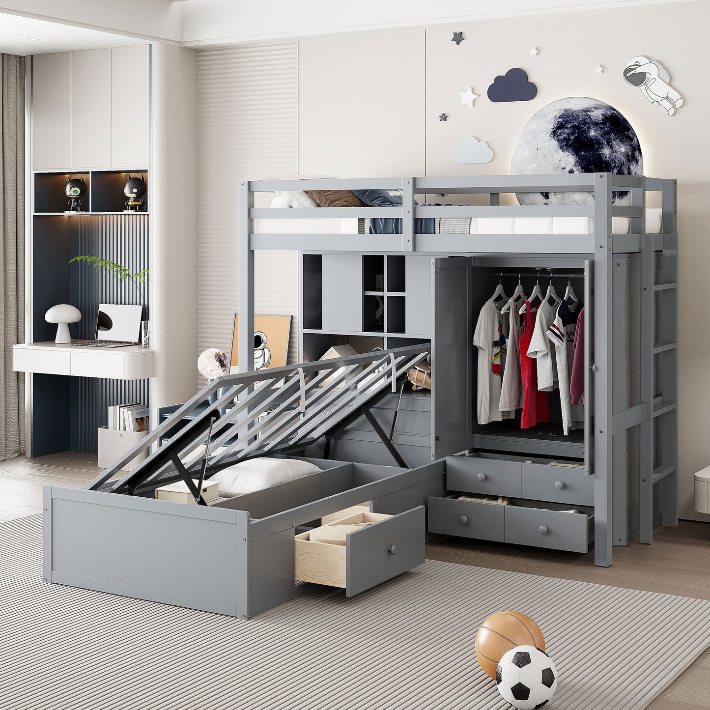 Twin Bunk Bed with Drawers, Wardrobe, Storage Shelves and Hydraulic Bed