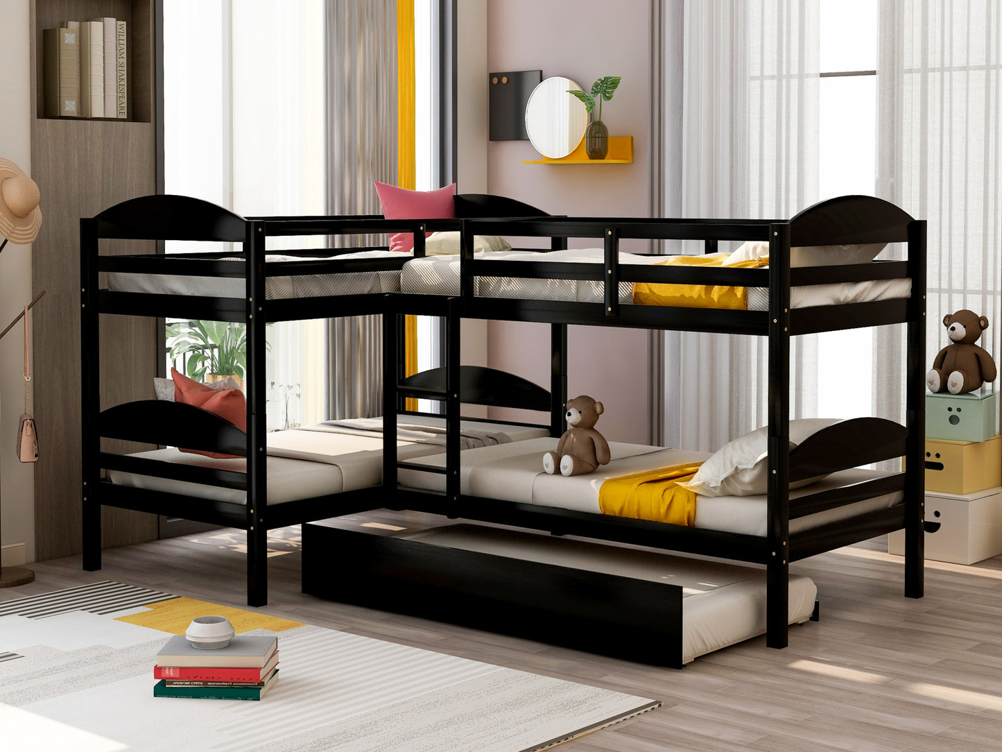 Twin L-Shaped Bunk Bed with Trundle