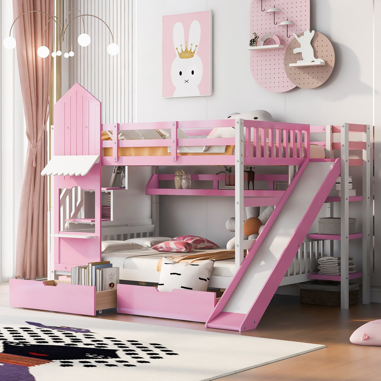 Full-Over-Full Castle Style Bunk Bed with 2 Drawers 3 Shelves