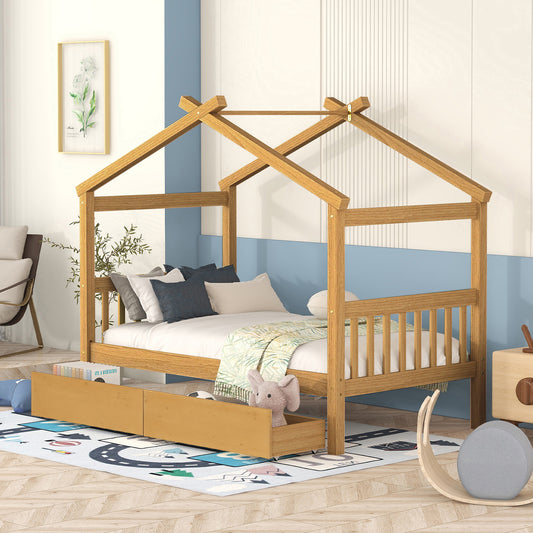 House Bed Frame, Twin Size, Solid Wood and MDF with Drawers for Bedroom or Guest Room