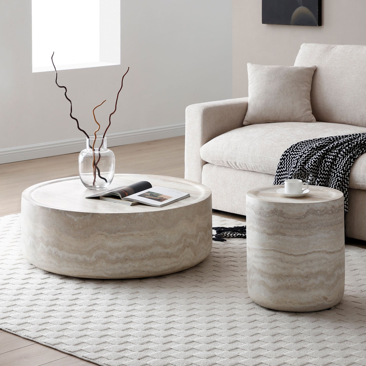 Set of 2 Faux MARS Pattern Coffee Tables side Table Round Tea Faux Travertine Textured  table for Living Room, No Need Assembly.