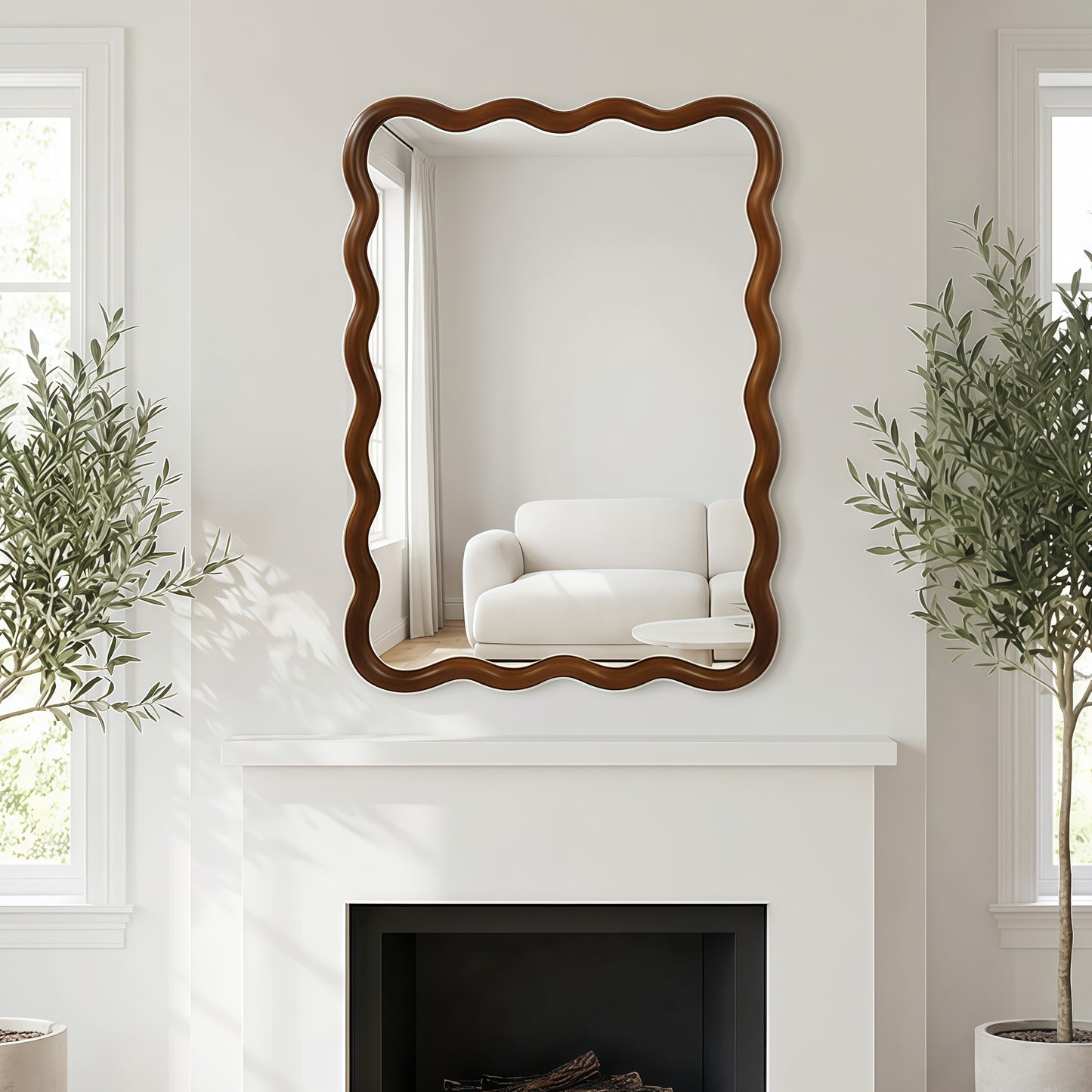 Black Walnut Color 30'x40' Wavy Rectangle Solid Wood Frame Decorative Mirror,For Bedroom, Bathroom, Living Room, Entryway