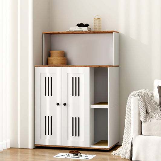 Cat Litter Box Enclosure White+Walnut Particle Board with Storage for Pet-Friendly Home Organization