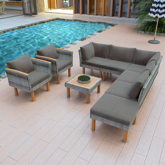 9-Piece Outdoor Rattan Patio Conversation Set with Acacia Wood Accents and Coffee Table