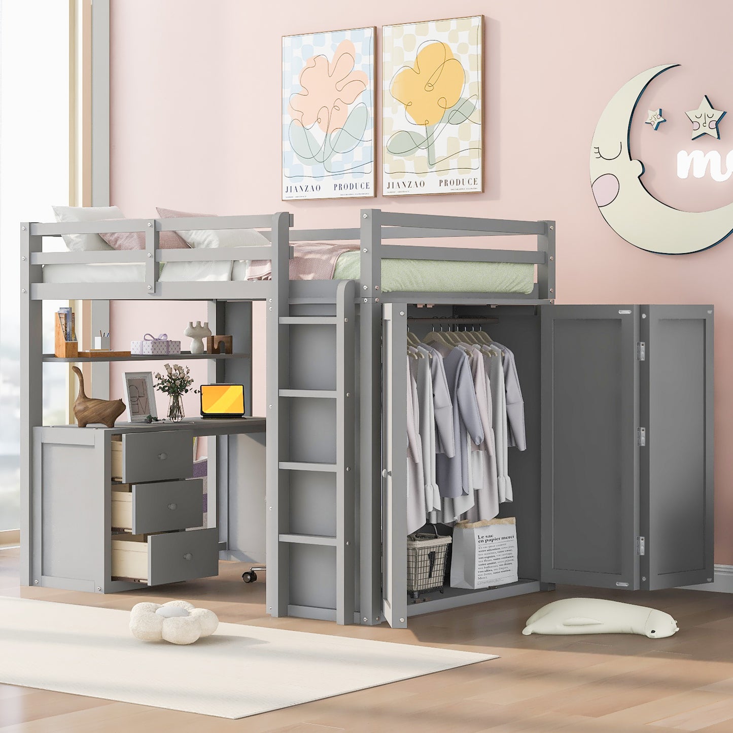 Loft Bed with Drawers, Desk and Wardrobe
