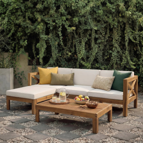 ALCOVE 5-Piece Acacia Wood Outdoor L-Shaped Sofa Set with Ottoman and Coffee Table, Beige