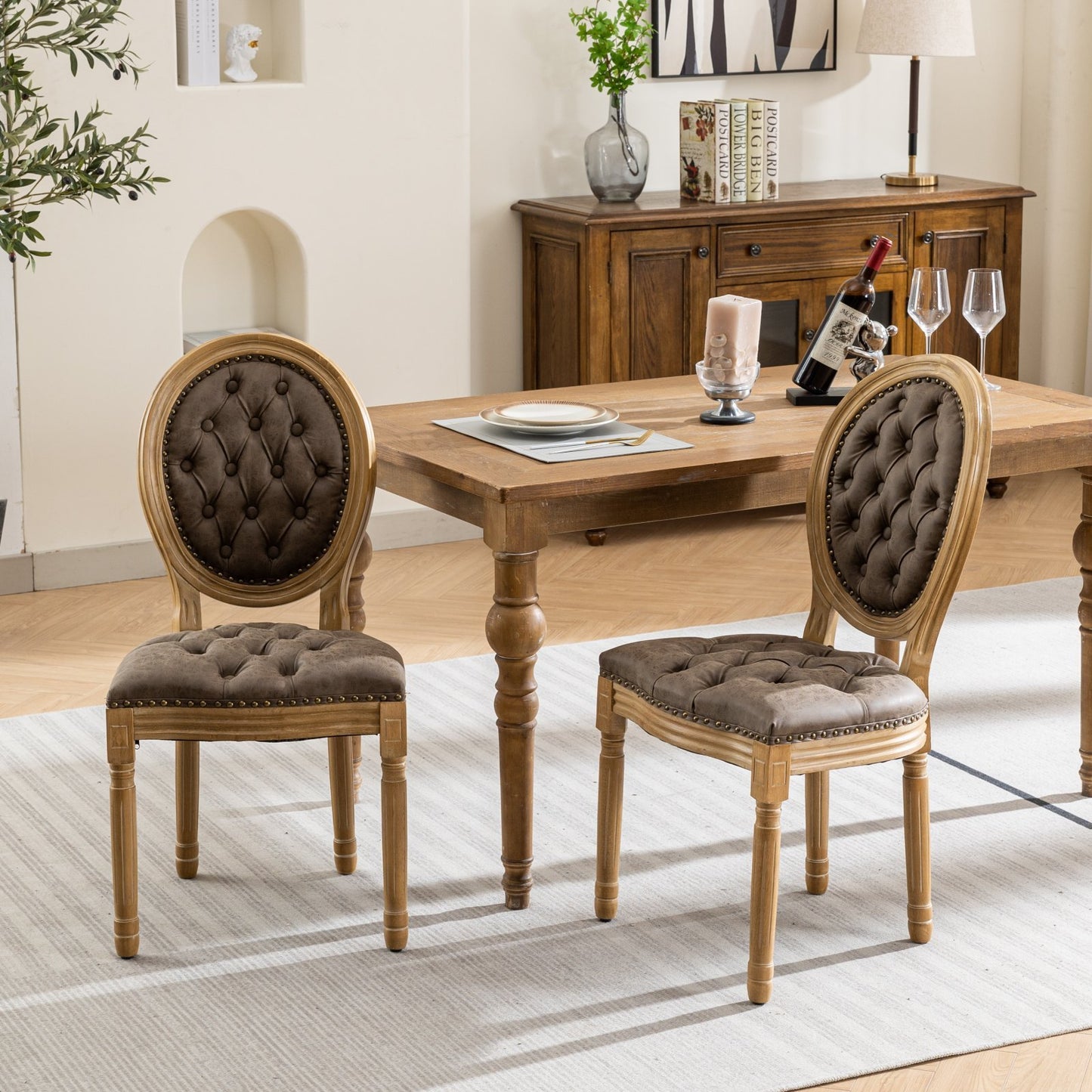 French Style Solid Wood Frame PU Leather Dining Chair with Nailhead Trim, Set of 2