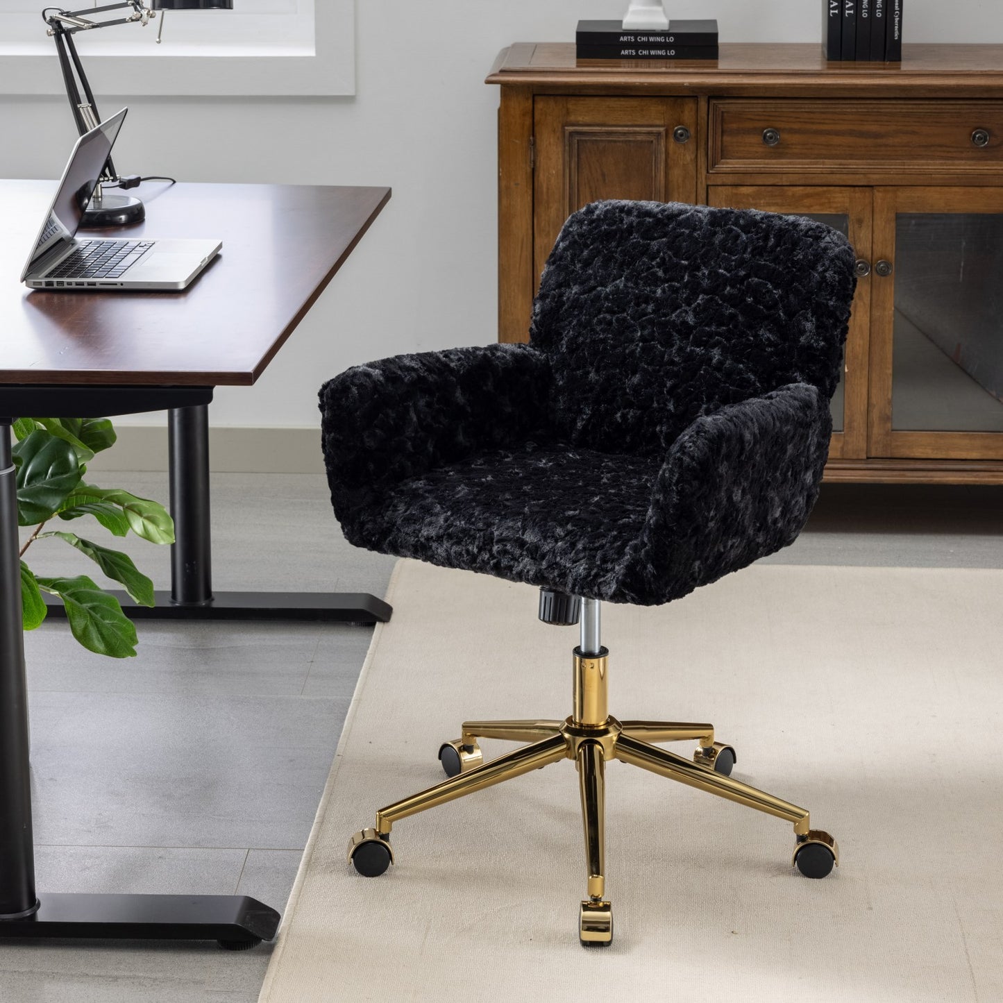 Artificial Rabbit Hair Home Office Chair with Golden Metal Base, Adjustable Swivel Vanity Chair