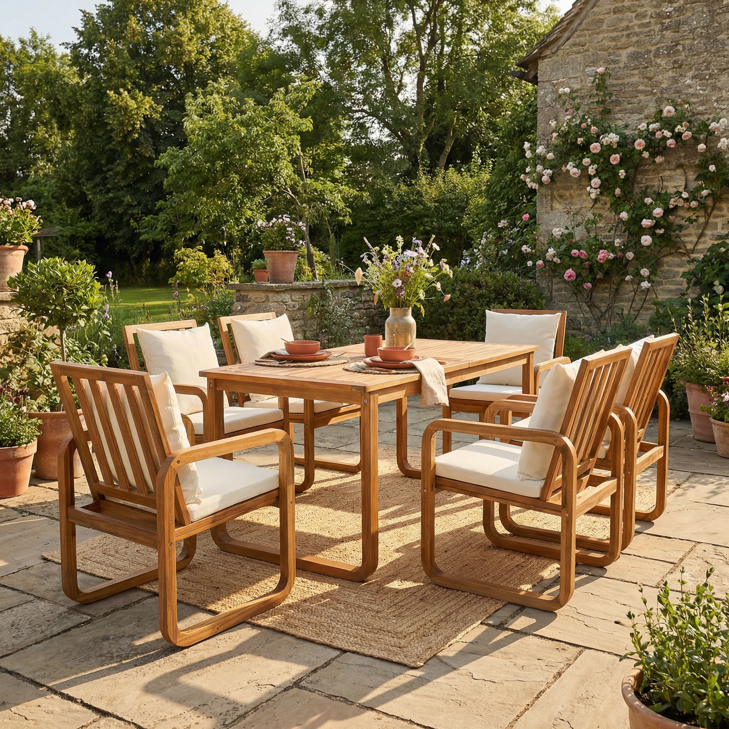 7 Pieces Patio Dining Set Outdoor Dining Table and Chairs with Removable Cushions, Natural Wood