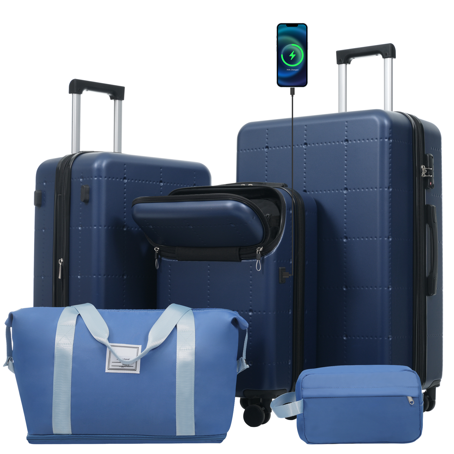 Hardside Luggage Set 5 Piece with Bags, Half-opening Carry on with USB Port