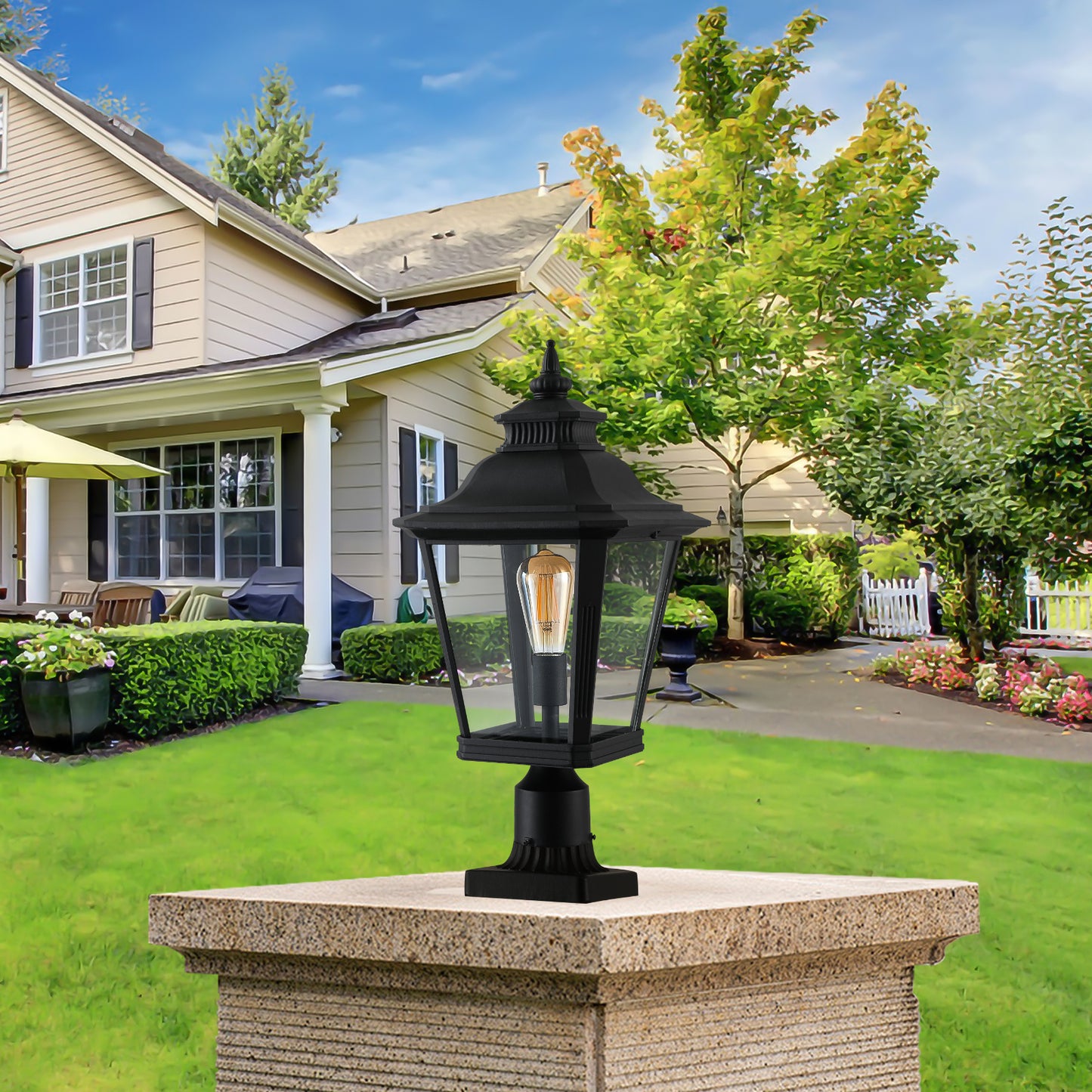 21'(H) 1-Pack Outdoor Post Lantern Light – Vintage Black Metal & Clear Glass Pillar Lamp for Garden, Gate, Driveway, and Pathway Lighting with Elegant Design (Bulb Not Included)