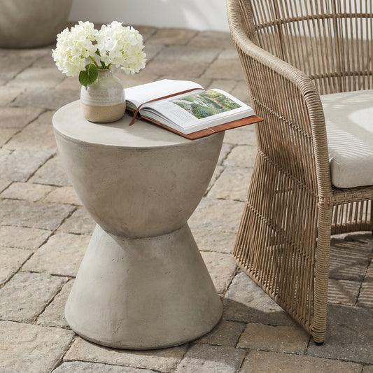 Outdoor Lightweight Concrete Side Table – Light Gray MGO End Table with Modern Hourglass Pedestal Design for Patio & Garden