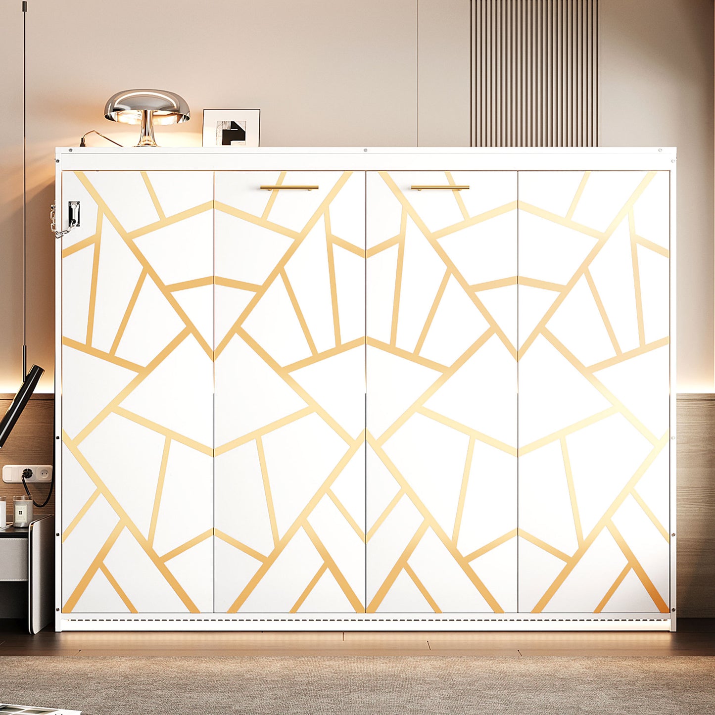Queen-Size Modern Side-Folding Murphy Bed with Trendy Printed Pattern, LED Under-Bed