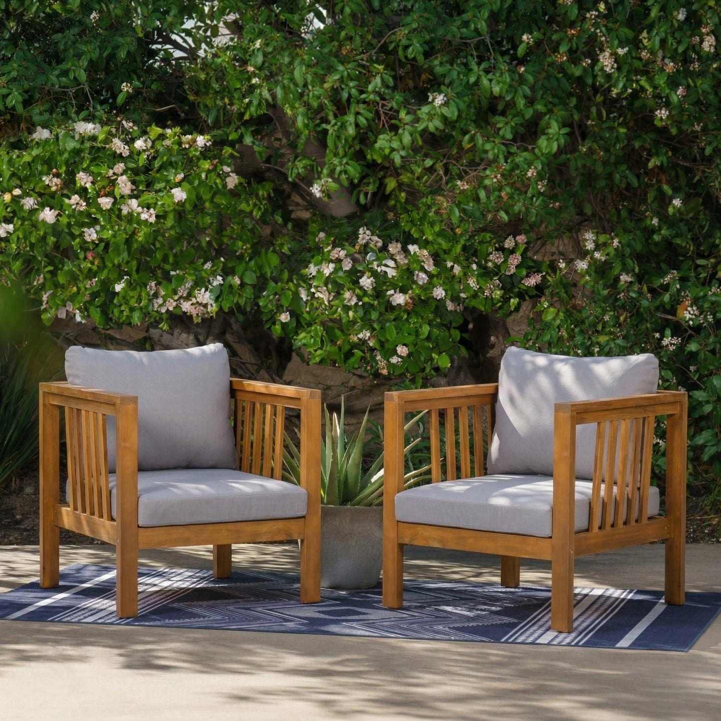 Outdoor Acacia Wood Club Chair with Modern Square Arms, Patio Chair with Thick Cushion, Adjustable Leveling