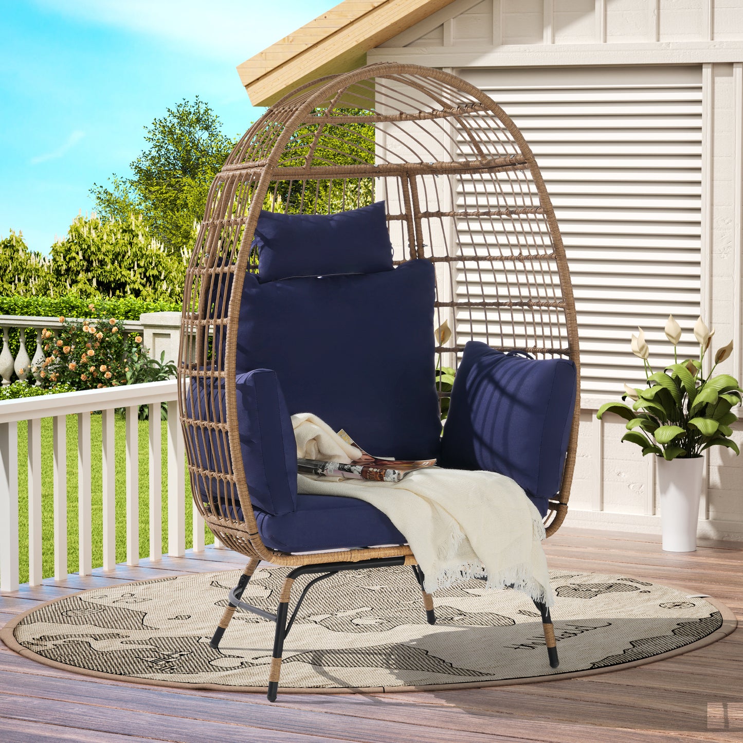 Oversized Wicker Egg Chair – Indoor Outdoor Rattan Lounge Chair with Cushion, Modern Patio Accent Chair