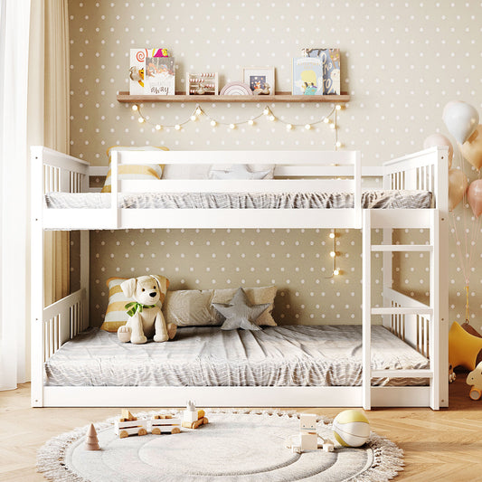 Bunk Bed Full Over Full White Solid Wood with Ladder and Storage for Bedroom and Guest Room