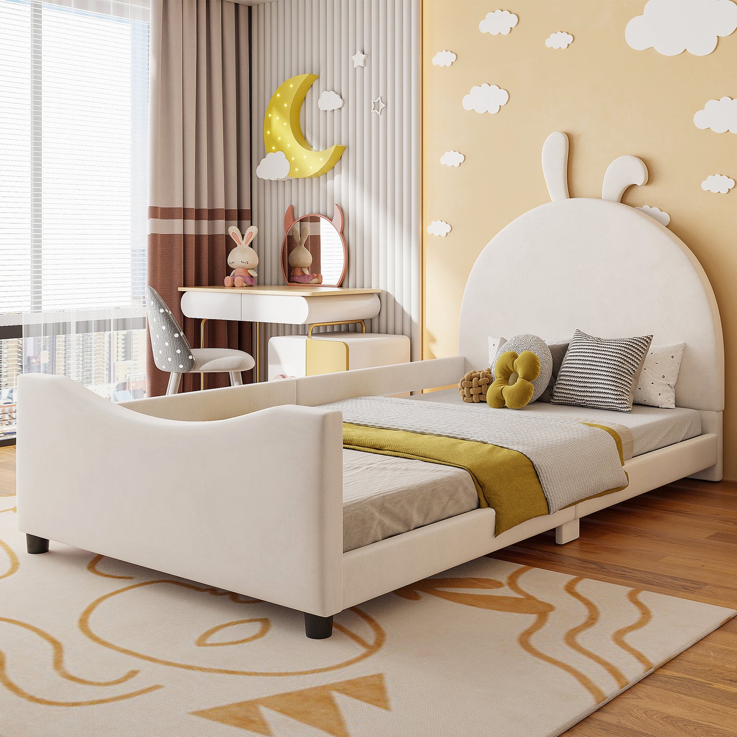 Twin Size Upholstered Daybed with Rabbit Ear Shaped Headboard