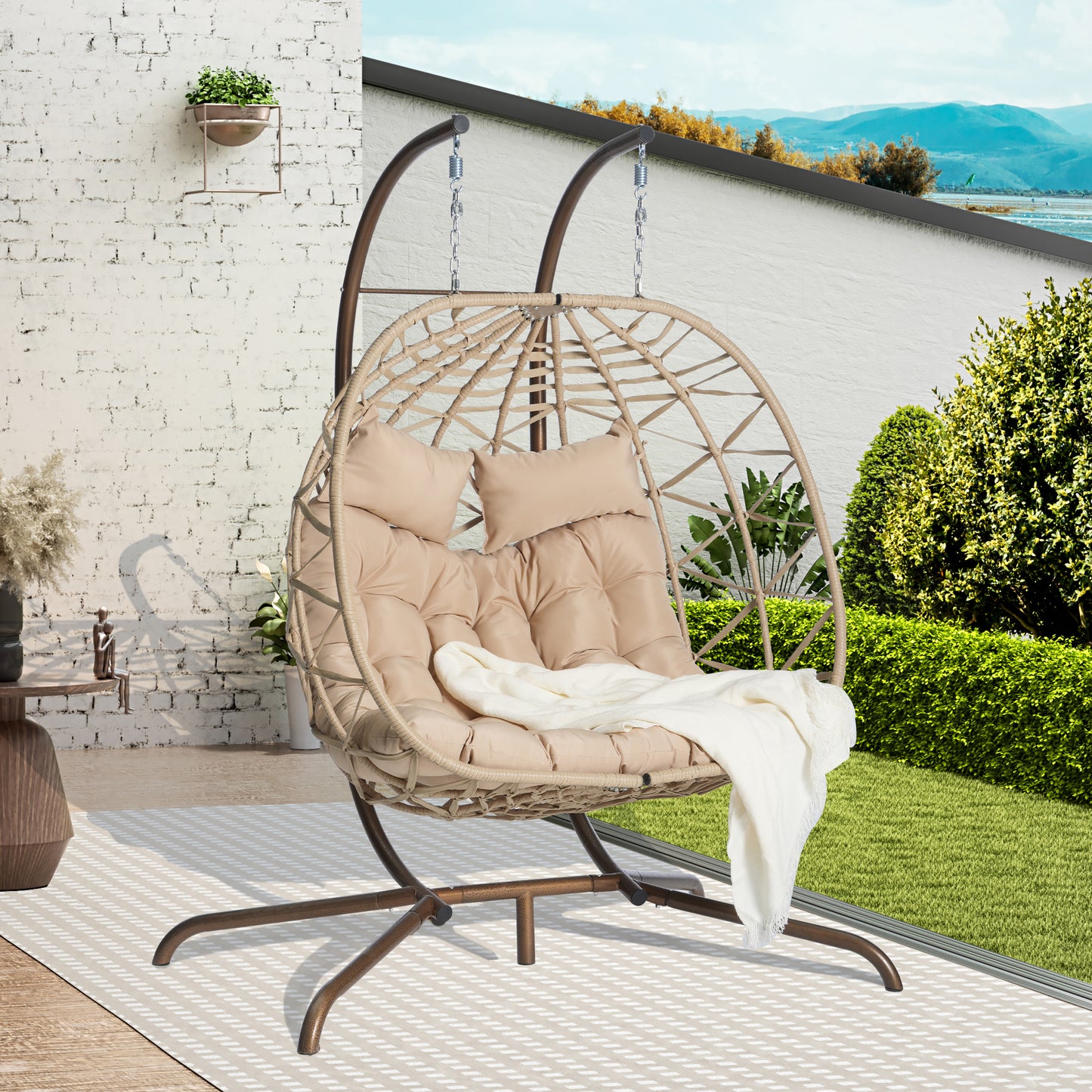 Double Egg Hanging Chair with Stand – 2 Person Wicker Swing Chair with Cushion, Outdoor Patio Hammock Chair
