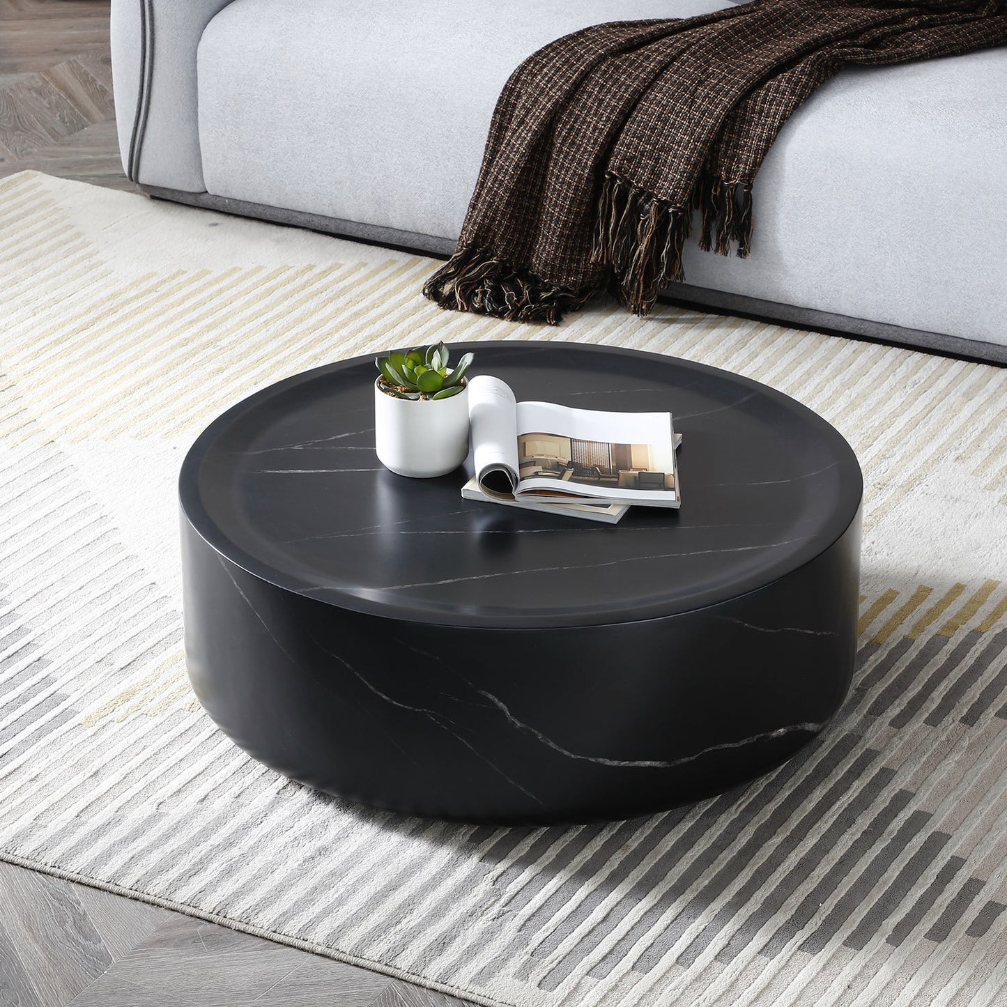31.49'' Round coffee table,Sturdy Fiberglass table for Living Room, No Need Assembly,BLACK