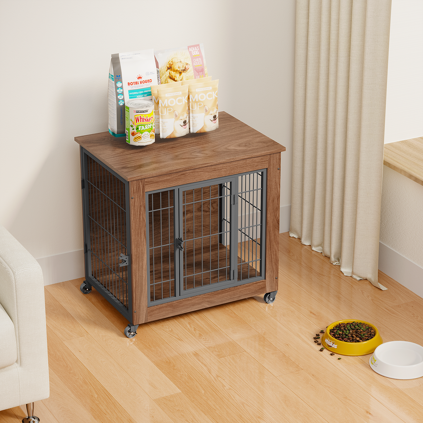 Heavy Duty Wooden Dog Crate Furniture with Wheels – Indoor Pet Kennel End Table with Double Doors