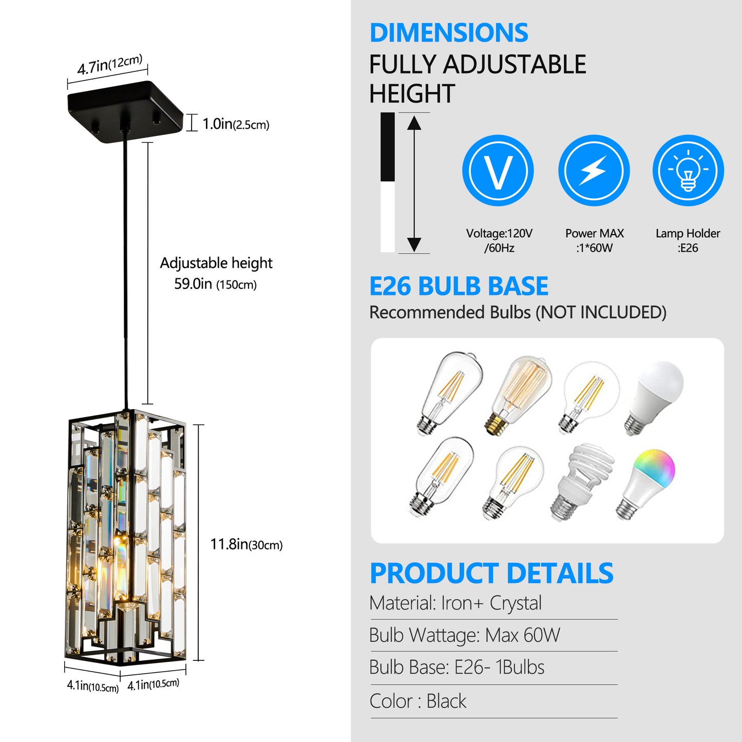 Modern Crystal Pendant Light - 3 Pack, Adjustable Hanging Ceiling Lamp with Crystal Prism Design for Dining Room, Kitchen Island, and Living Room -Black Finish