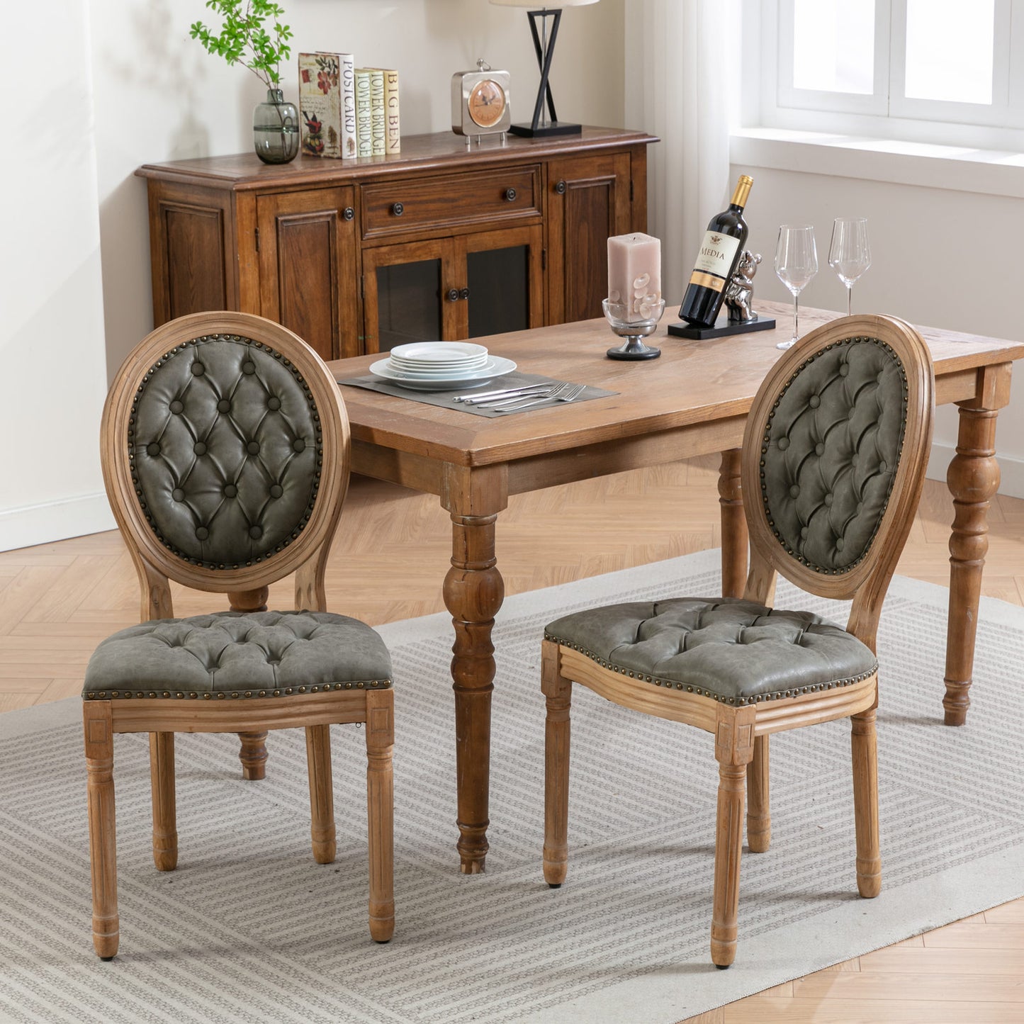 French Style Solid Wood Frame PU Leather Dining Chair with Nailhead Trim, Set of 2