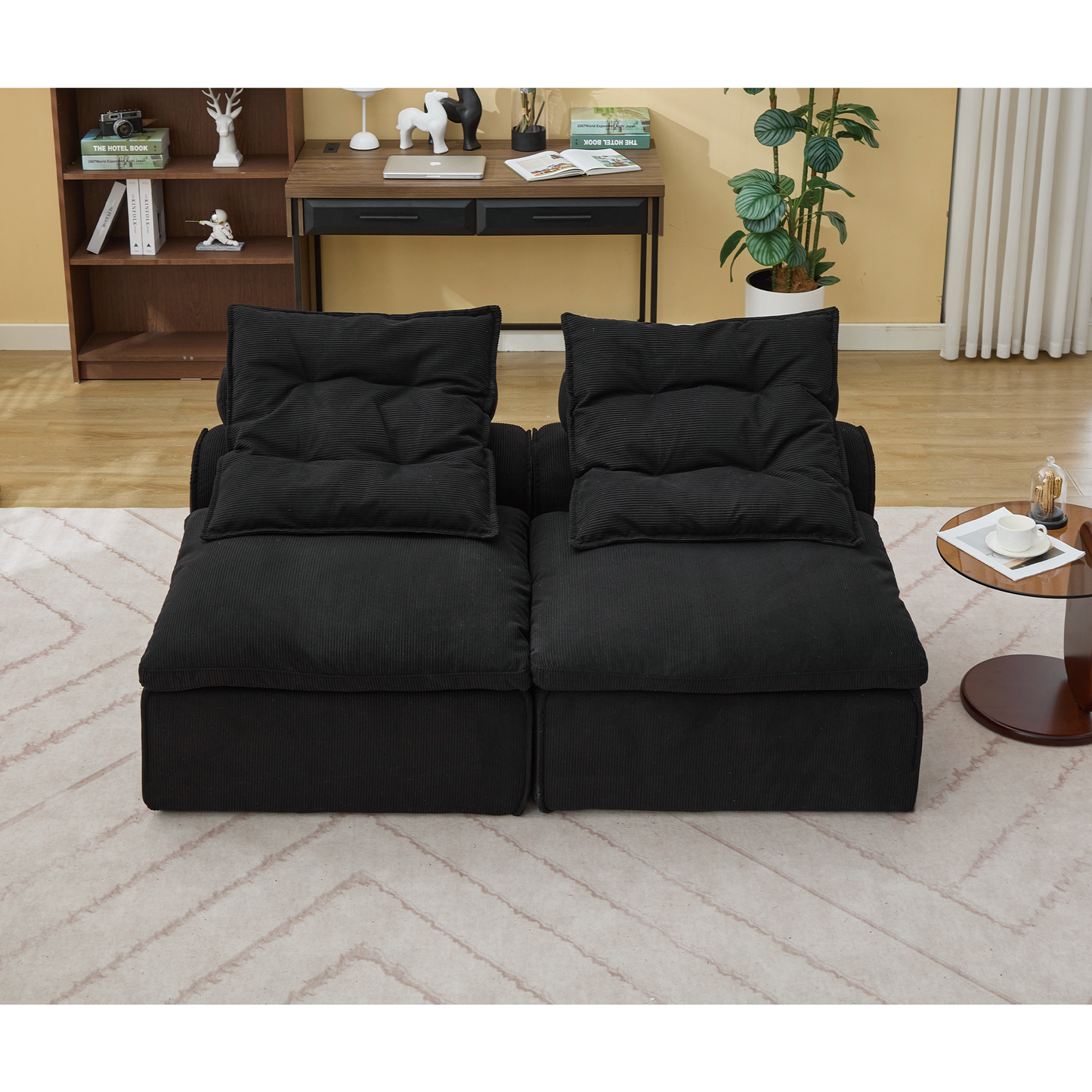 Modular Sofa,No Armrests,At will DIY,Soft Corduroy Fabric,Neck Pillow-Back Lounge Sofa Chair,Reading Nook, or Apartment Living, Lumbar Pillow,2 Seats,Upholstered,Black