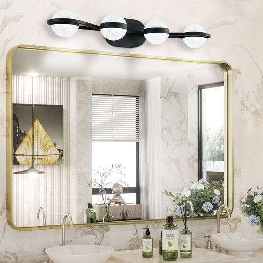 (Same as W1340P143677/L2001-B-4) Modern Minimalist Bathroom Vanity Light, LED 4 Bulb Frosted Glass Shades, Wall Mounted Decorative Lighting Fixture, Suitable for Bathroom Vanity Mirror (Black)