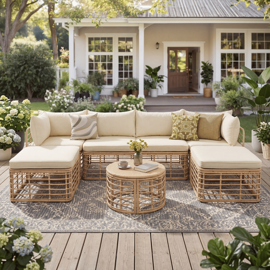 7-Piece Outdoor PE Rattan Sectional Sofa Set with Cushions, Modular Patio Conversation Furniture and Round Coffee Table for Garden, Backyard & Balcony