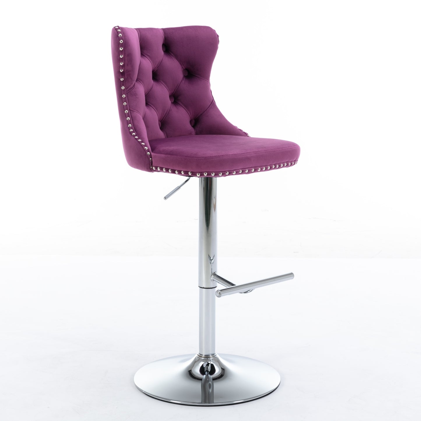 Purple Velvet Swivel Barstools with Adjustable Height and Chrome Base, Set of 2