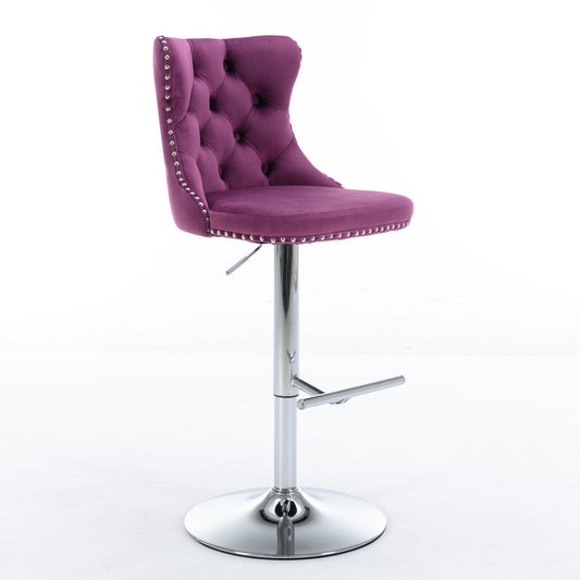 Adjustable Bar Stools Set of 2 Purple Velvet Tufted with Adjustable Design and Swivel Function for Dining Room or Kitchen Seating