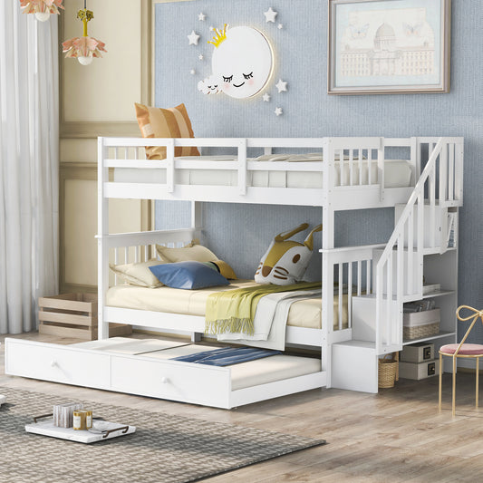 Bunk Bed Twin White, Espresso, and Gray Solid Wood with Trundle and Storage for Bedroom and Guest Room