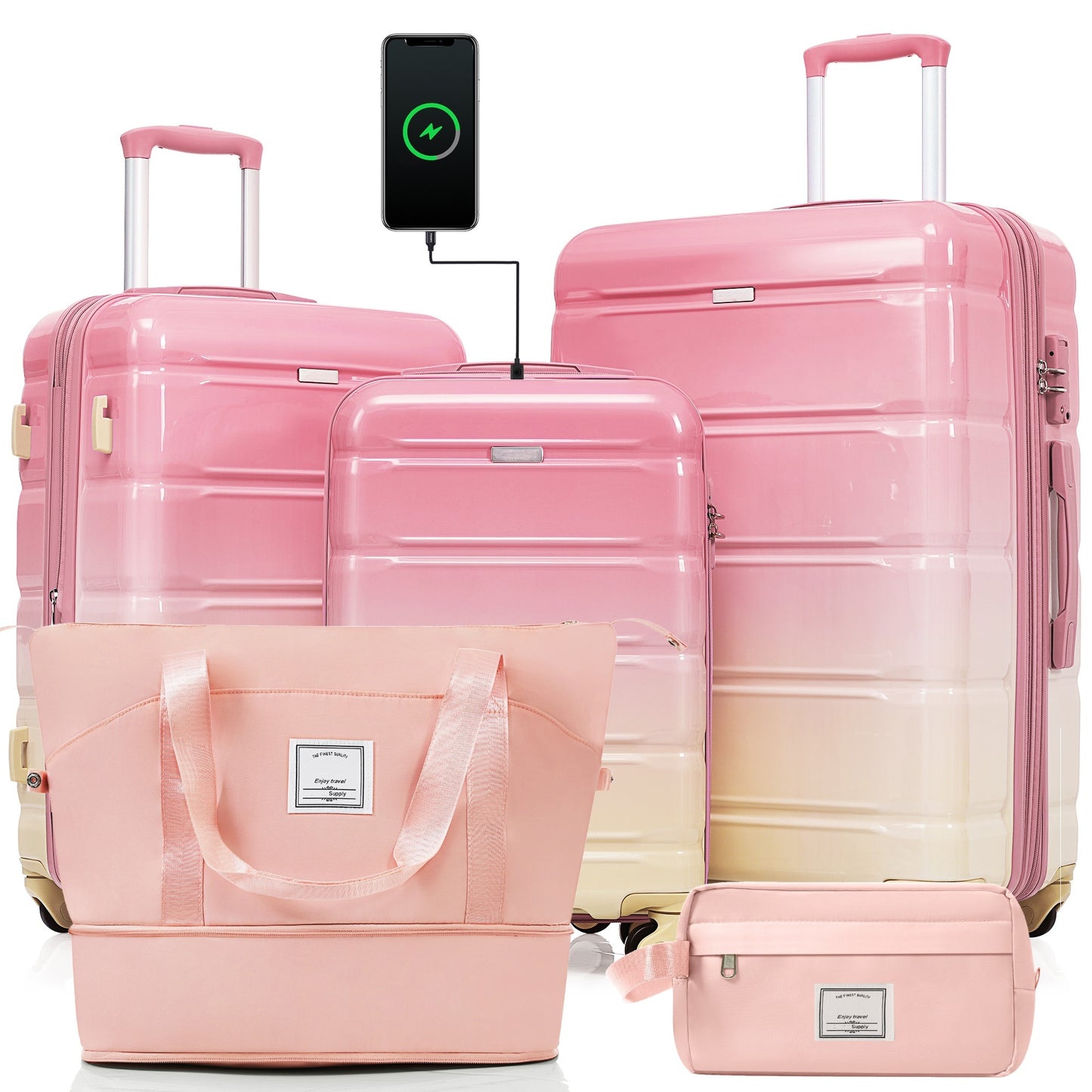 Luggage Sets 5 Piece, 20-inch with USB Port, ABS Durable