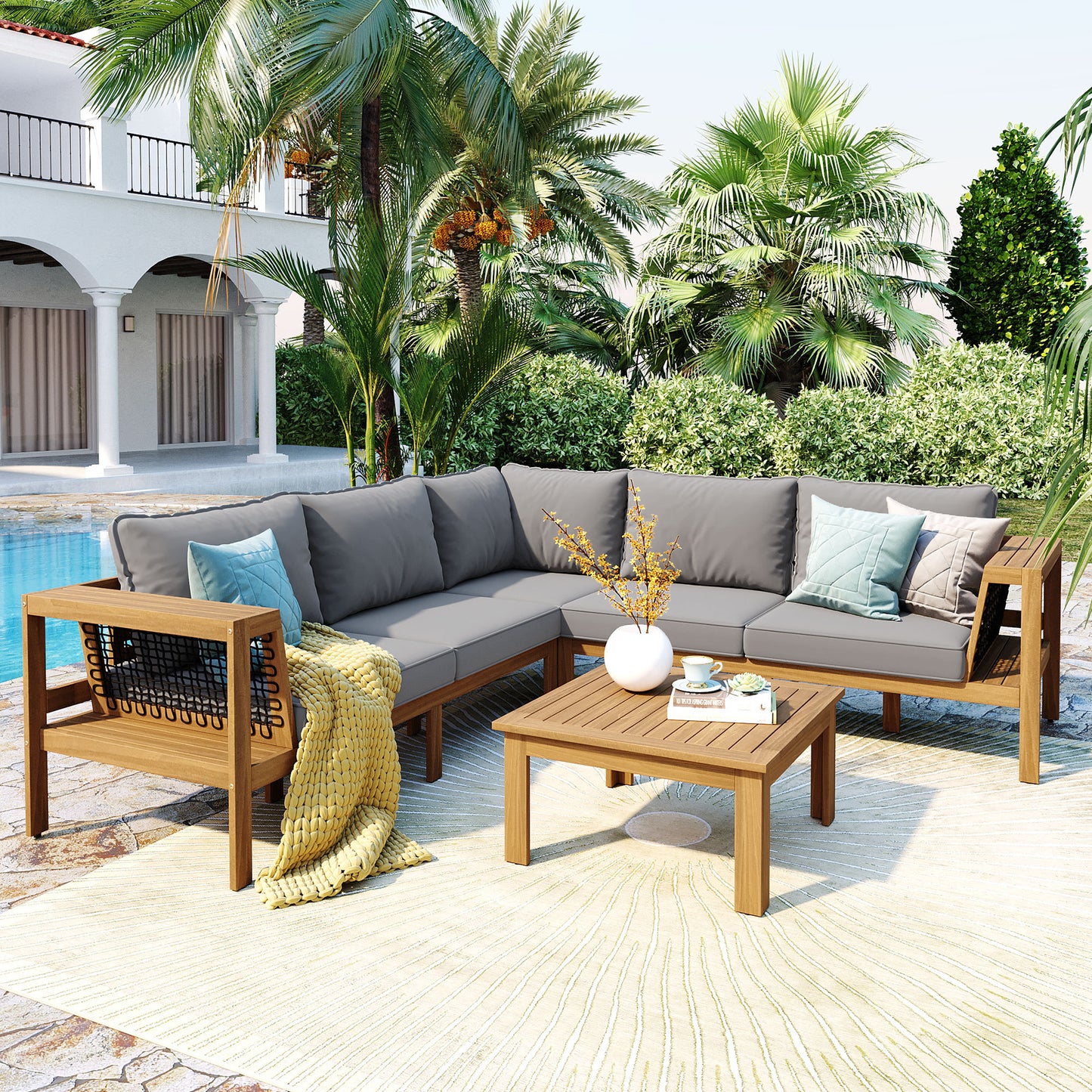 4 Pieces Outdoor Acacia Wood Sofa Set, Woven Mesh Armrests, L-Shaped Patio Furniture