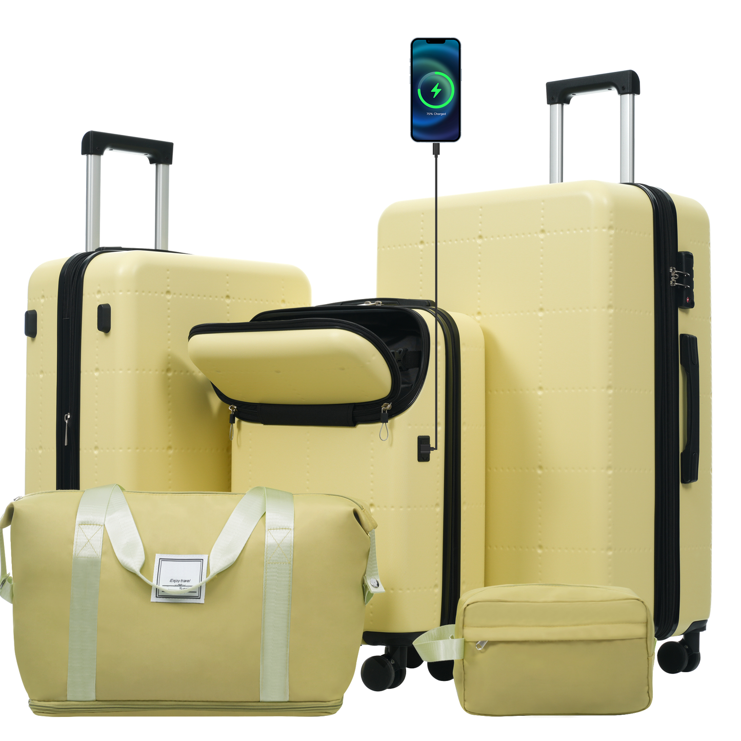 Hardside Luggage Set 5 Piece with Bags, Half-opening Carry on with USB Port