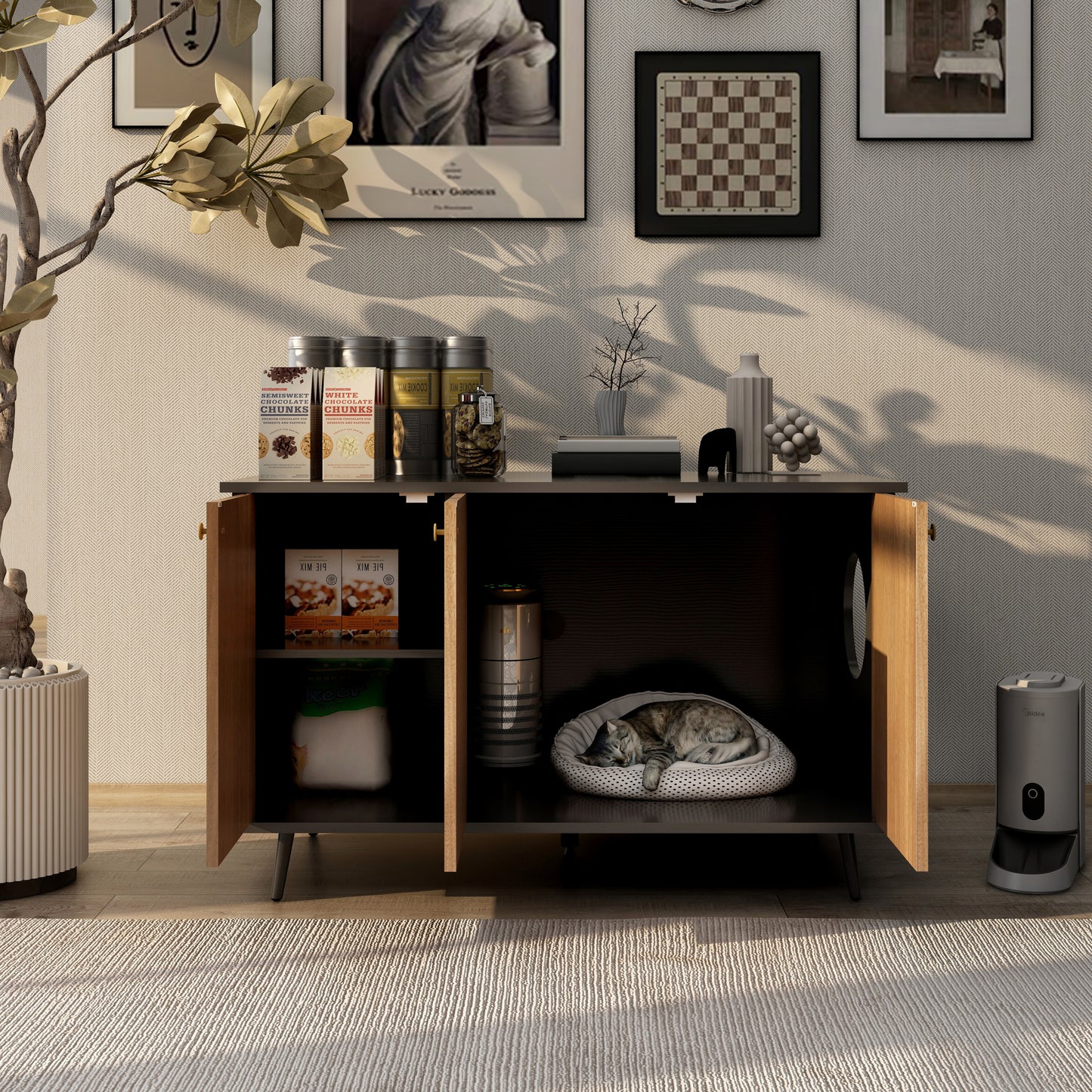 Hidden Cat Litter Box Enclosure Furniture – Large Wooden Cat Washroom Cabinet with Storage Shelf, Built-In Plug, 3 Doors & Side Table Design, Black Walnut